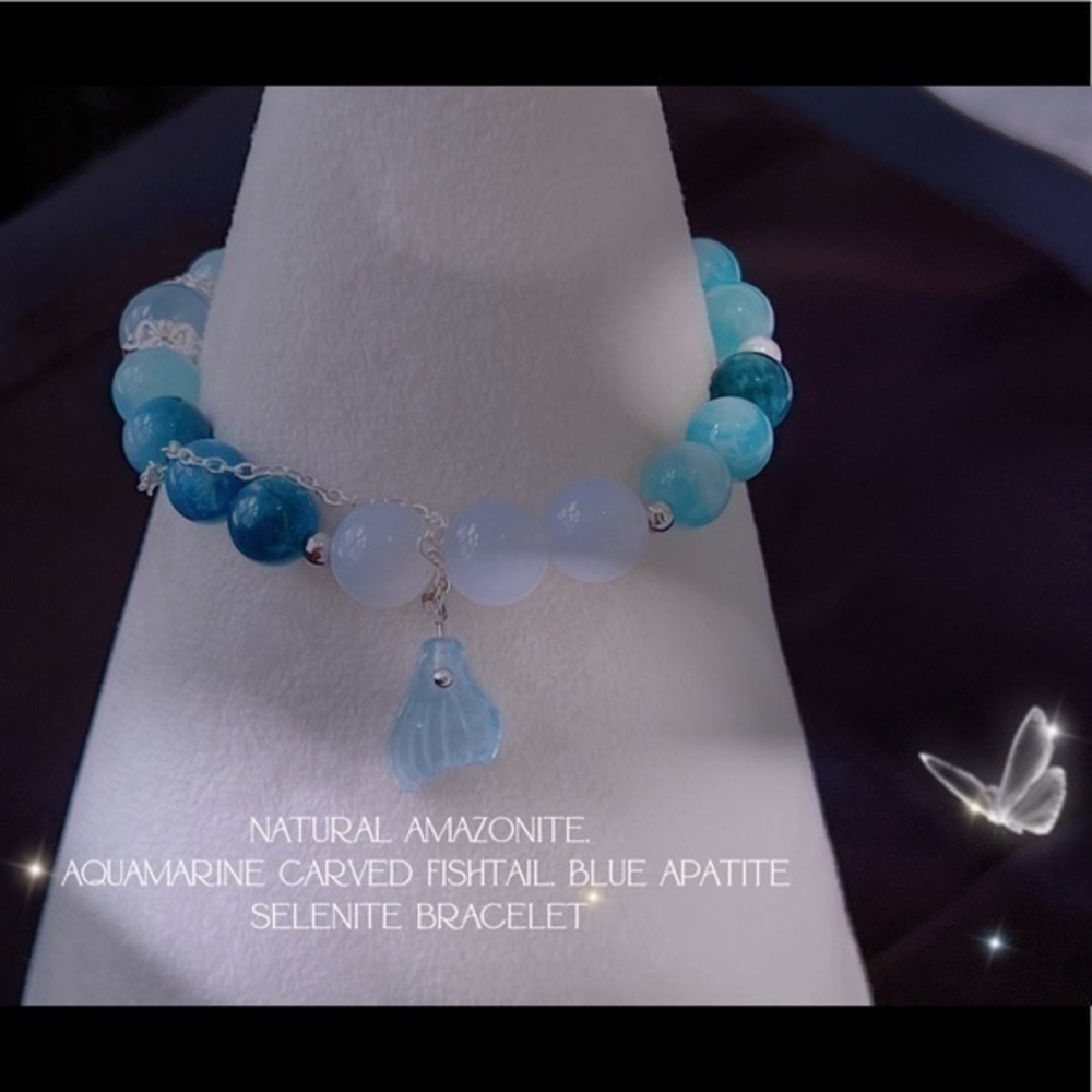 Natural amazonite, 
aquamarine carved Fishtail, blue apatite
selenite Bracelet